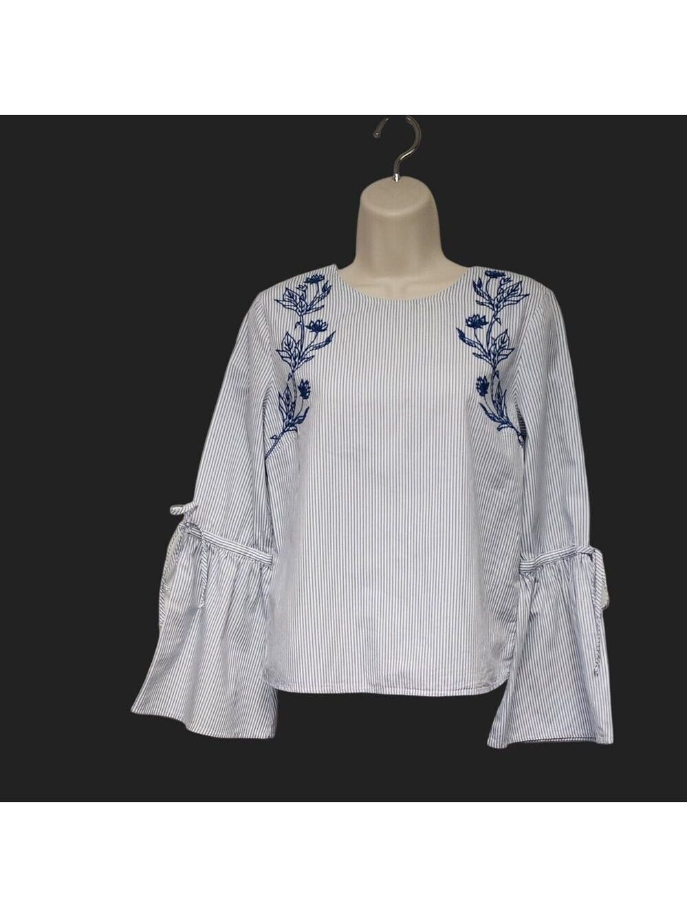 Dizzy Lizzy Bell Sleeve Embroidery Floral Blue Striped Top Size XS